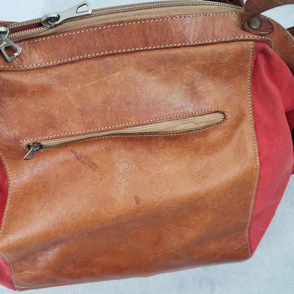 IL Bisonte Candy Leather / Canvas Large Tote Shoulder Bag Red Tan Brown Purse - Picture 14 of 16